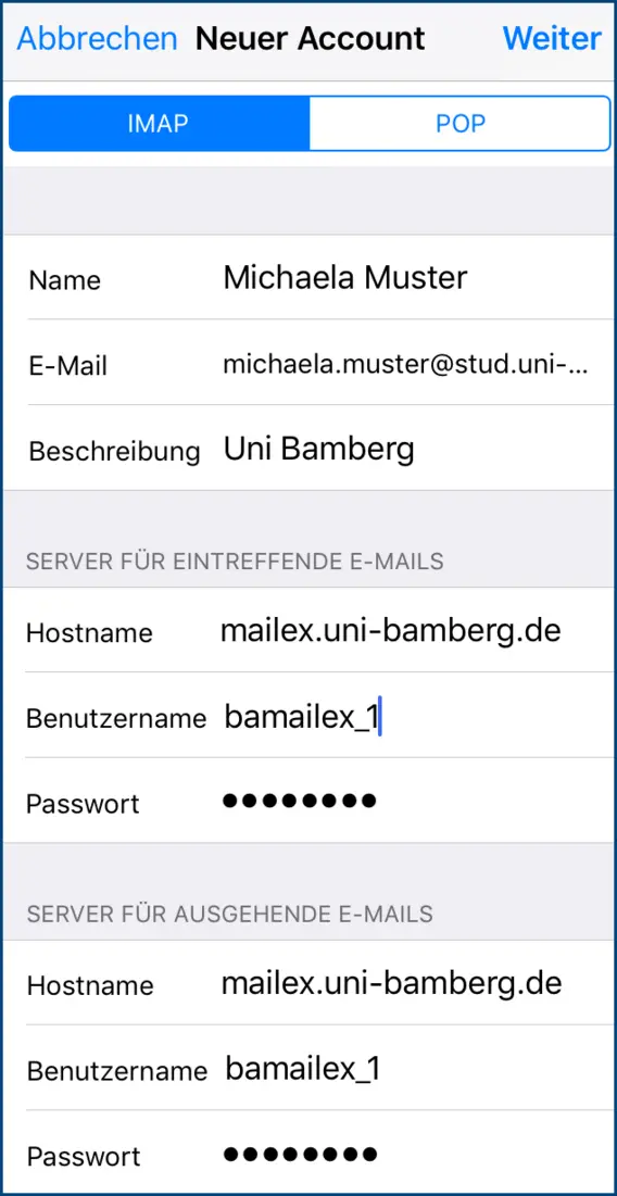 Abbildung 3: Konfiguration Postfach fr alternatives Mailsystem unter iOS einrichten