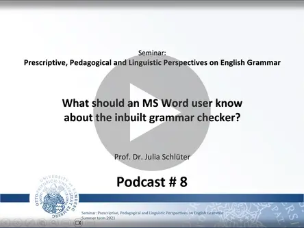 [Translate to English:] A video podcast providing basic information about Word's grammar checker, including a collection of examples that incur the squiggly line. The explanations offered are critically examined against authentic corpus data.