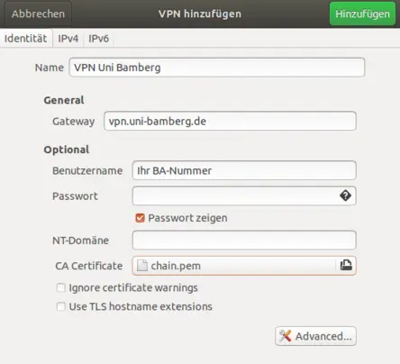 Ansicht VPN Konfiguration