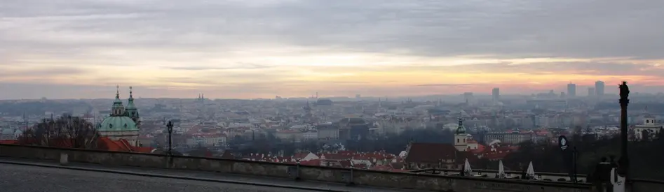 Panoramic photo of Prague at sunset.