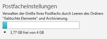 Abbildung 1 zeigt die Postfacheinstellungen mit dem aktuell verbrauchten Speicherplatz