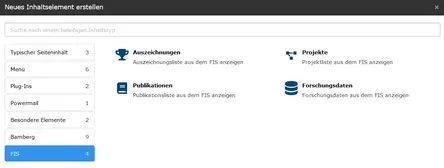 Screenshot: Einfgen eines Typo3-Inhaltselements fr Listen aus dem Forschungsinformationssystem