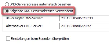 Ansicht DNS-Server eintragen IPv6