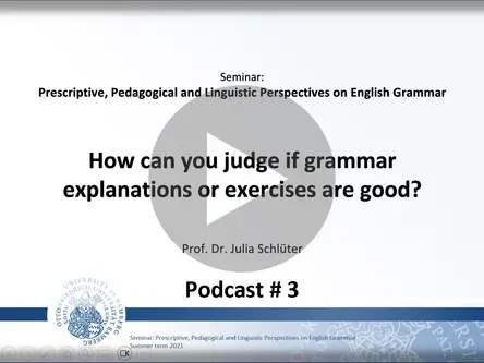 [Translate to English:] A video podcast discussing the didactic simplification required of pedagogical materials, but showing that checking the content of the rules or evaluating the quality of grammar exercises against actual usage in corpora may be important.